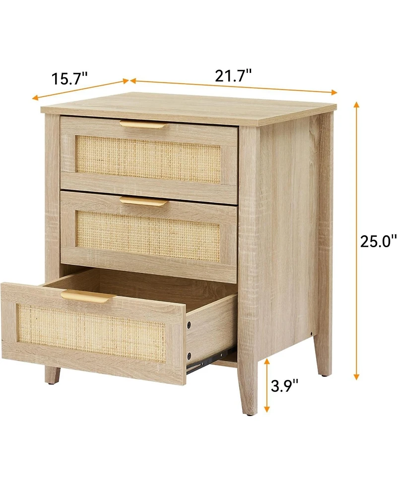gaomon rattan nightstand with 3 drawers and a storage shelf, boho bedside table with sturdy wood legs, ideal for kids' rooms or farmhouse bedrooms.