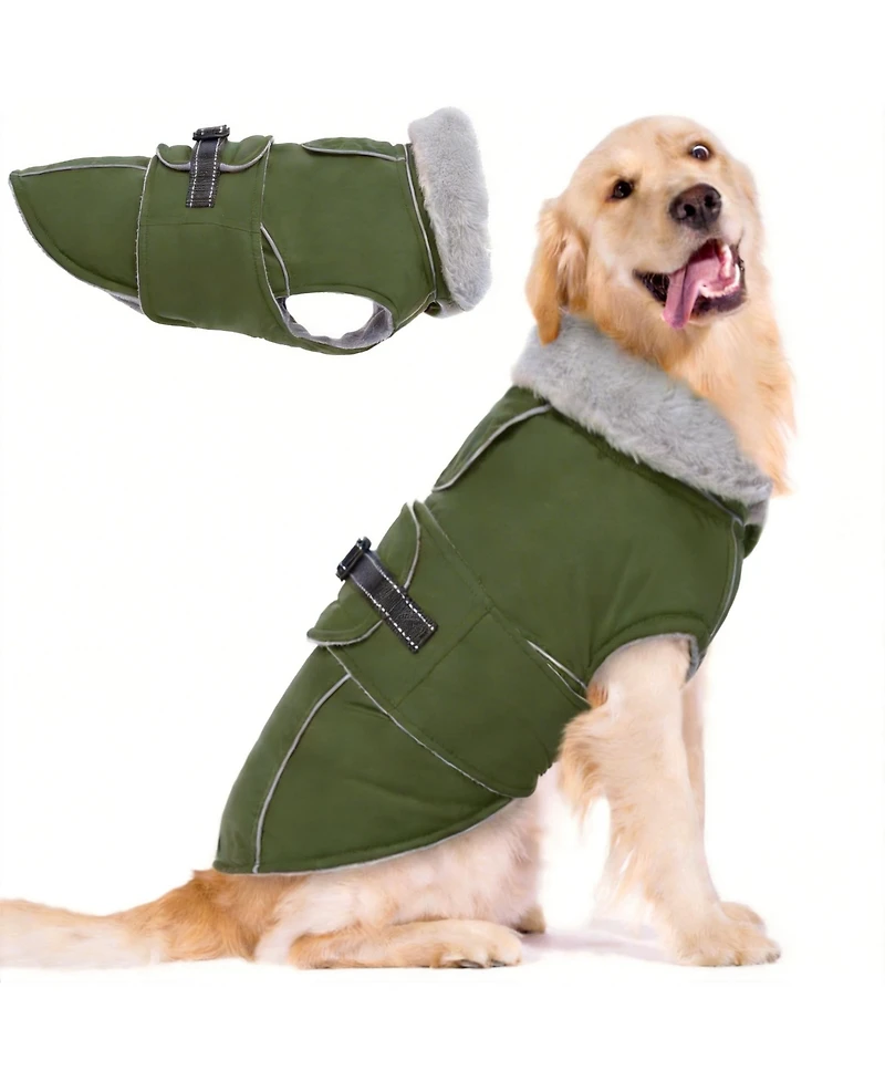 Aronkl Reflective Waterproof Dog Jacket with Fur Collar & Adjustable Buckle for Cold Weather