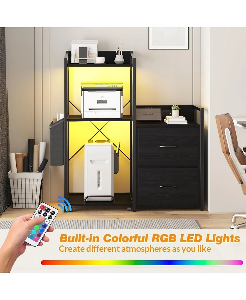 gaomon Printer Stand with Storage, 49.2" × 37.8" 3-Tier 3D Printer Table with 2 Drawers, Charging Station & Led Lights, Side Organizer