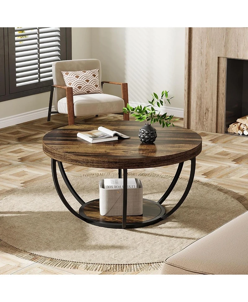 Tribesigns Round Coffee Table, Industrial 2-Tier Circle Coffee Table, Modern 31.7" Wooden Accent Center Table for Living Room, Home Office