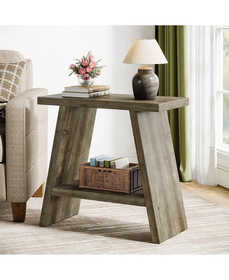 Tribesigns Solid Wood End Table for Living Room Set of 2, Narrow Small Side Table with 2-Tier Storage