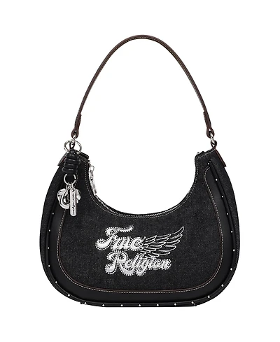 True Religion Wing Motif Denim Hobo Bag with Red Trim