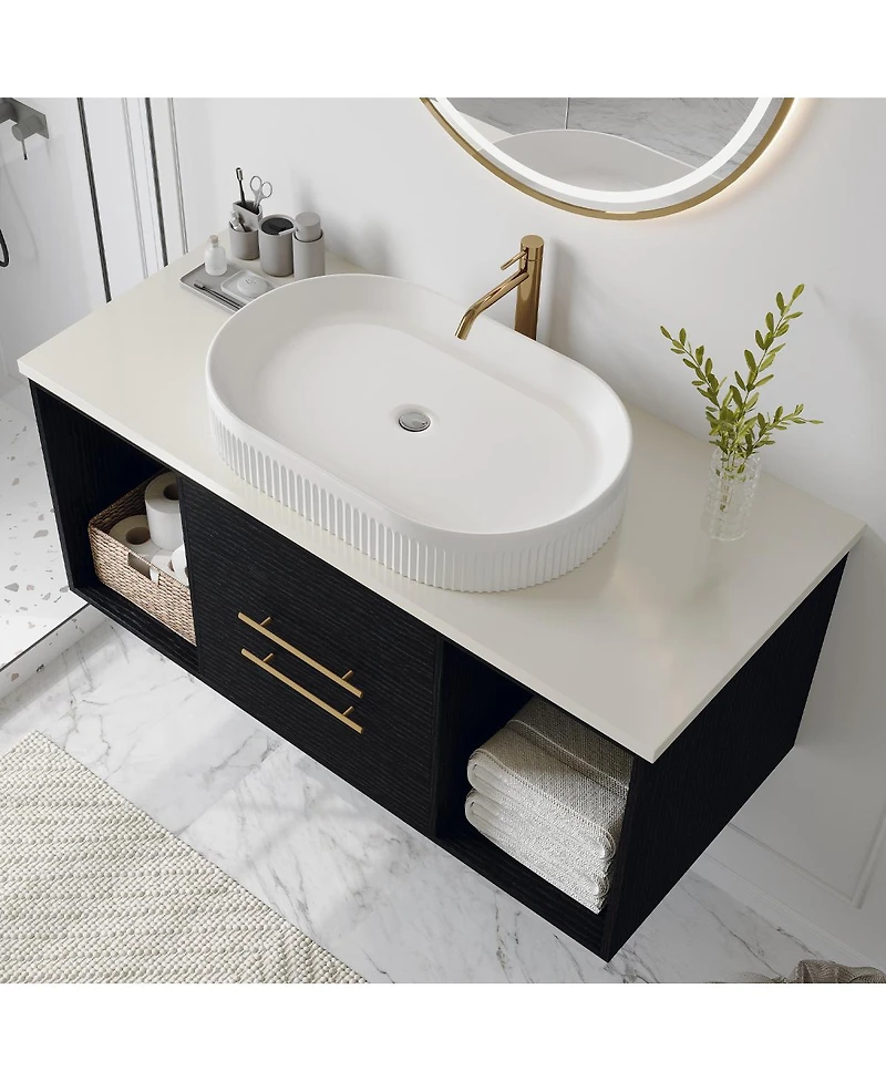Sillysis 40" Wall-Mount Bathroom Vanity with Oval Ceramic Sink, Soft-Close Drawers & Open Shelf Storage for Contemporary Homes