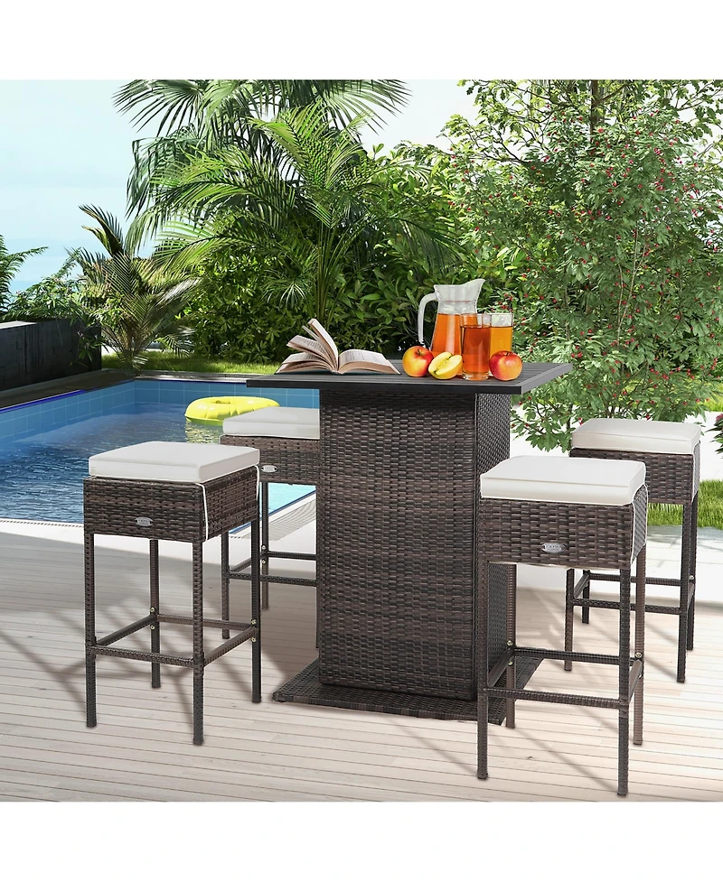 Gymax 5PCS Patio Bar Set Rattan Bar Furniture Set w/ Table & 4 Cushioned Stools