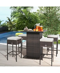 Gymax 5PCS Patio Bar Set Rattan Bar Furniture Set w/ Table & 4 Cushioned Stools