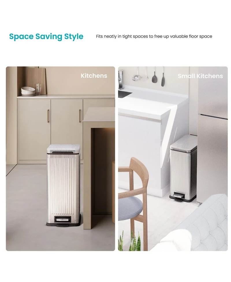 Home Zone Living 8 Gallon Slim Stainless Steel Kitchen Trash Can with Reeded Pattern, Step Pedal and Soft-Close Lid