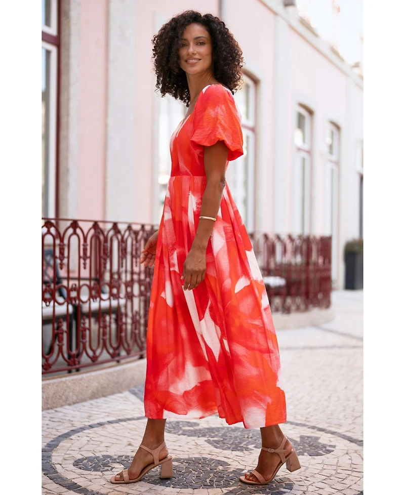 Yumi Women's Floral Midi Dress With Puff Sleeves