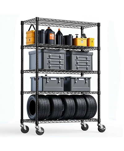 Rainsken 5-Tier Storage Shelves, Heavy Duty Metal Wire Shelving Unit, Adjustable Shelving Rack with Wheels for Basement, Warehouse