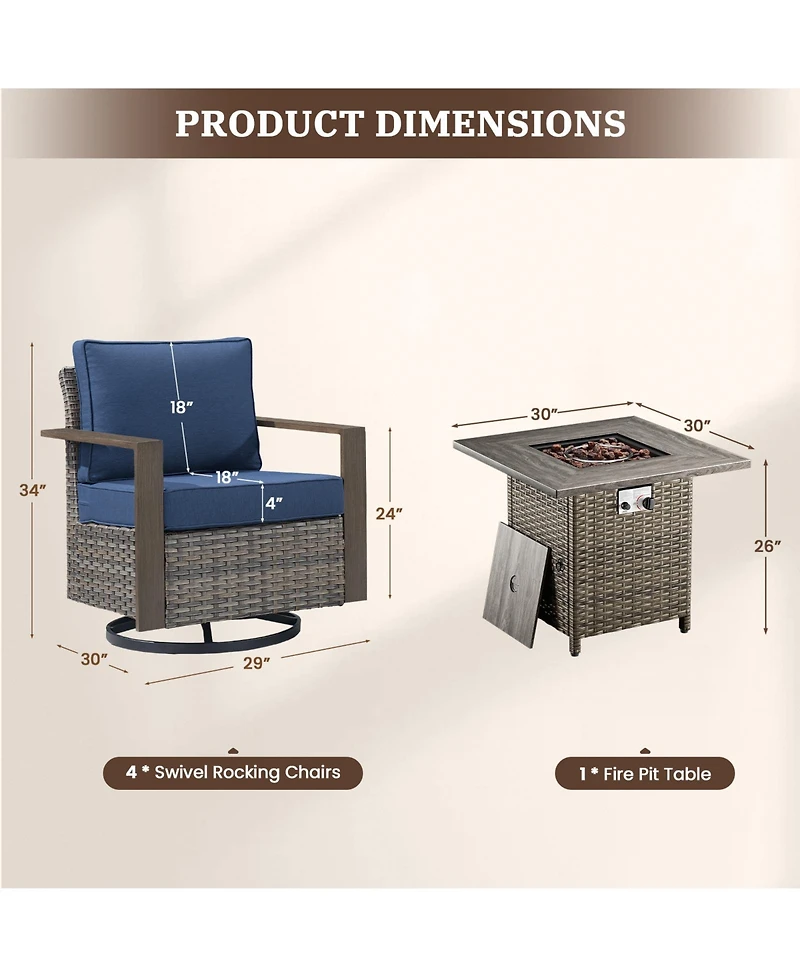 Gymojoy 5 Pieces Patio Furniture Set, Rattan Wicker Outdoor, 4 Swivel Chairs w/30in Propane Fire Pit Table and Thickened Cushions