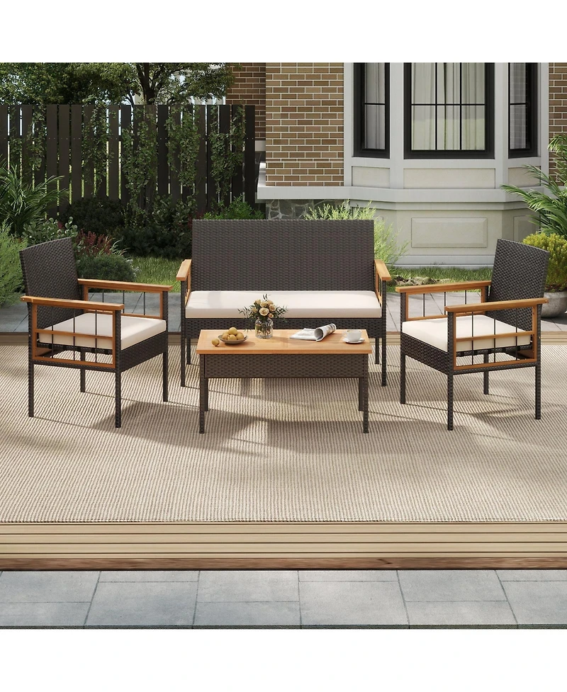 Gymax Set of 8 Wicker Furniture Set w/Acacia Wood Tabletop Armrests Cushions for Backyard