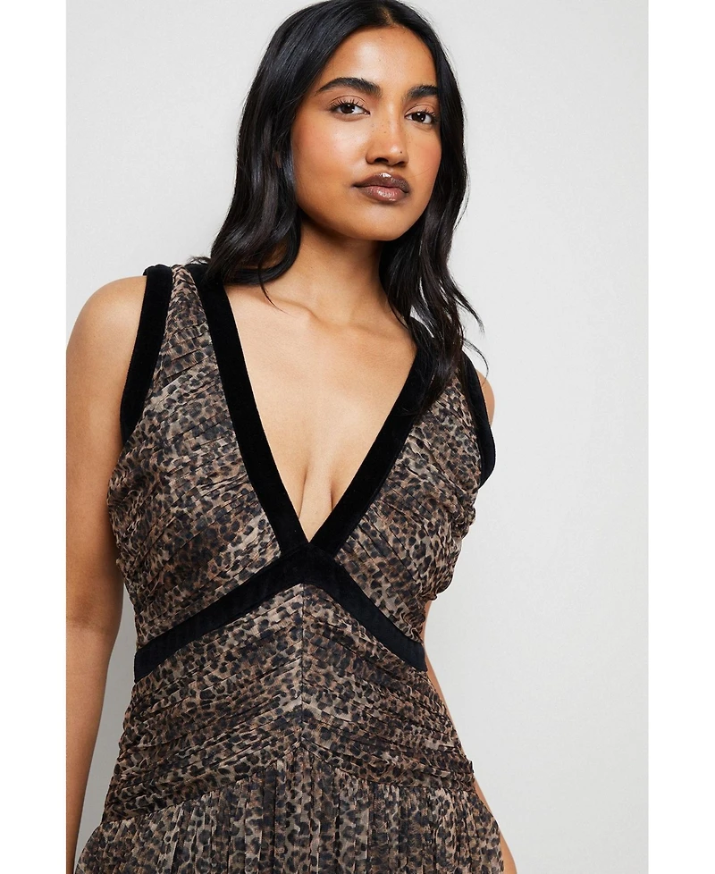 Warehouse Women's Velvet Trim Leopard Tulle Maxi Dress