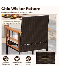 Gymax Set of 3 Wicker Furniture Set w/Acacia Wood Tabletop Armrests Cushions for Backyard