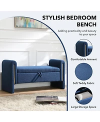 Rainsken Upholstered Storage Ottoman, Modern Teddy End of Bed Bench, Window Storage Stool with Arms for Living Room, Bedroom