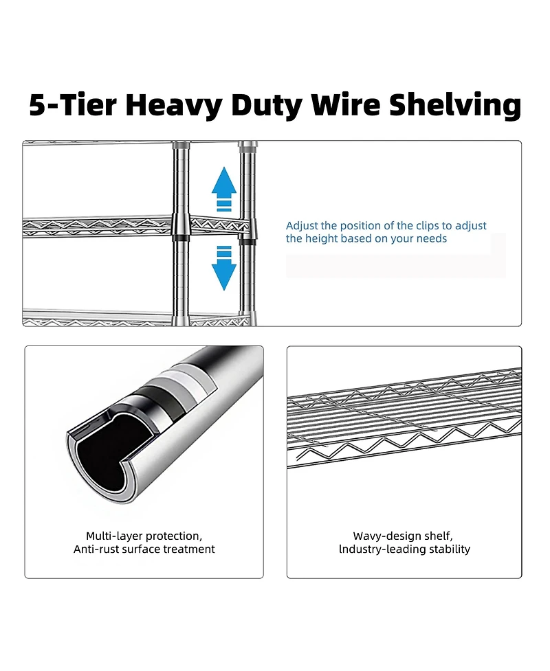 Rainsken 5-Tier Utility Shelving Unit, Heavy Duty Metal Wire Organizer Rack, 1250 lbs Capacity for Basement, Warehouse, Chrome