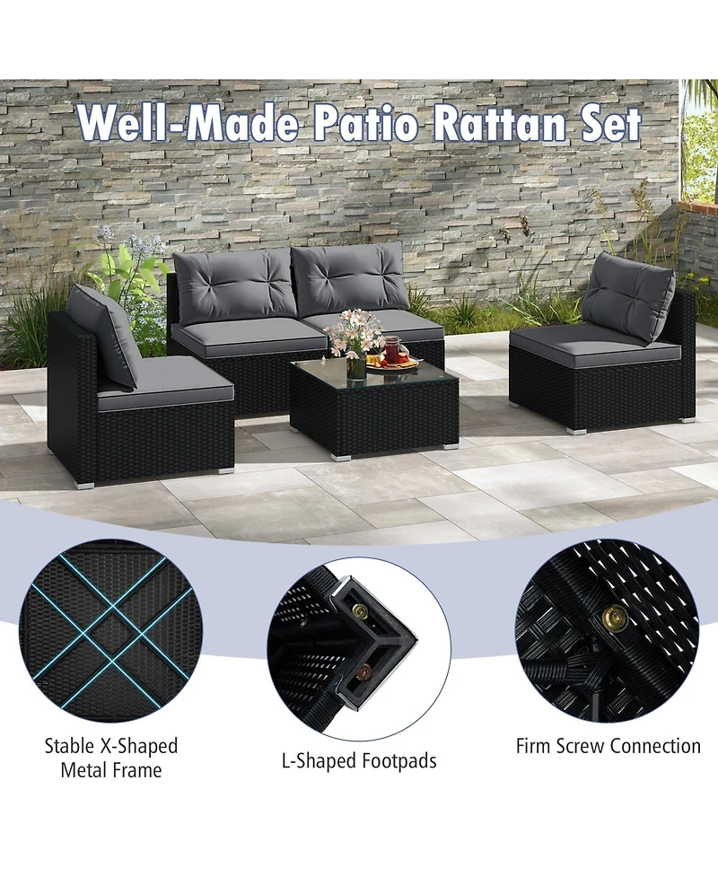 Gymax Set Of 5 Outdoor Furniture Set w/ Seat & Back Cushions Tempered Glass Tabletop