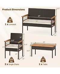 Gymax Set of 4 Wicker Furniture Set w/Acacia Wood Tabletop Armrests Cushions for Backyard
