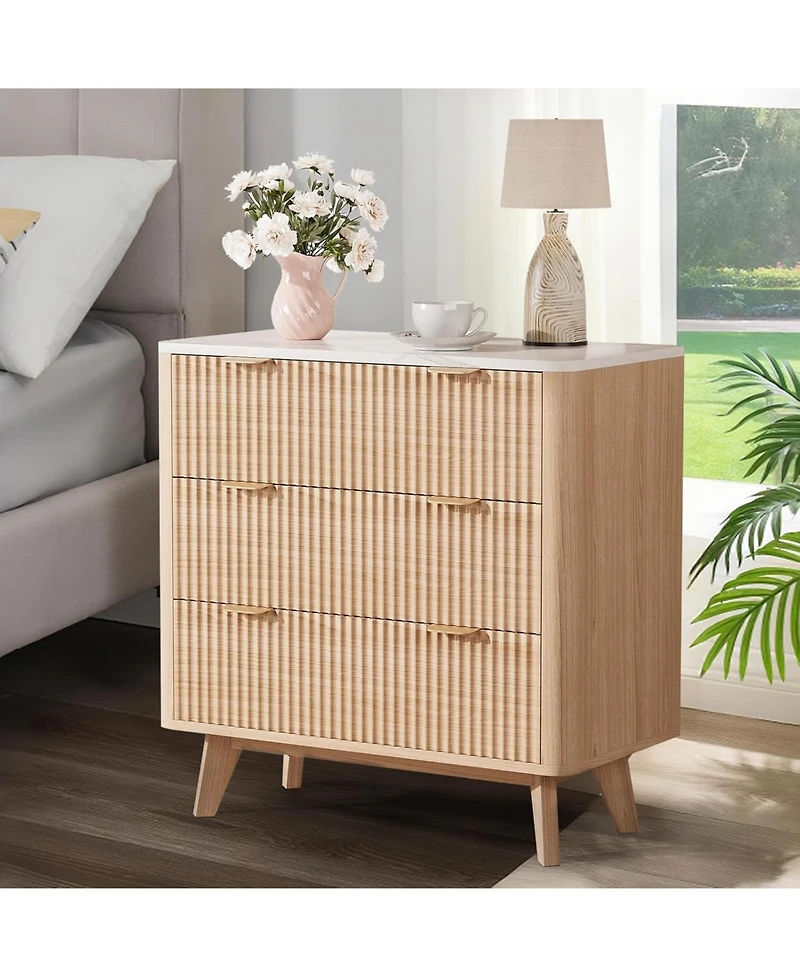 gaomon 32" Width Fluted Nightstand Set of 2, Modern 3 Drawer Bedside Table with Faux Marble Top, Wood Chest of Bedside Table with Curved Profile