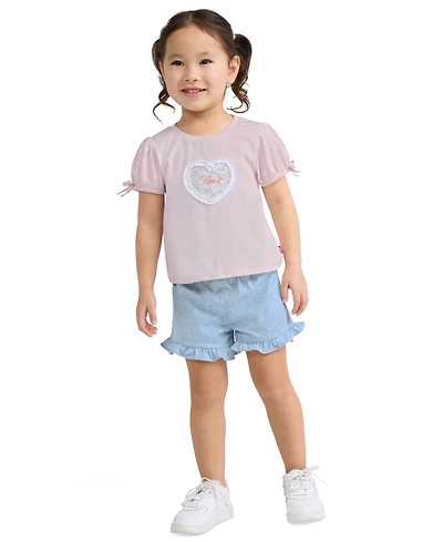 Levi's Girls' Toddler 2T-4T Bow Sleeve T-Shirt and Belted Shorts, 2-Piece Set