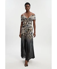 Karen Millen Women's Marble Print Mesh Plunge Maxi Dress