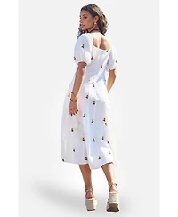 Yumi Women's Cotton Sunflower Embroidered Midi Dress