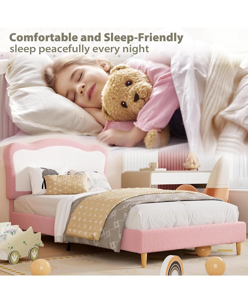 gaomon Twin Kids Boucle Upholstered Bed Frame Headboard Platform Wood Slats Noise Free No Box Spring