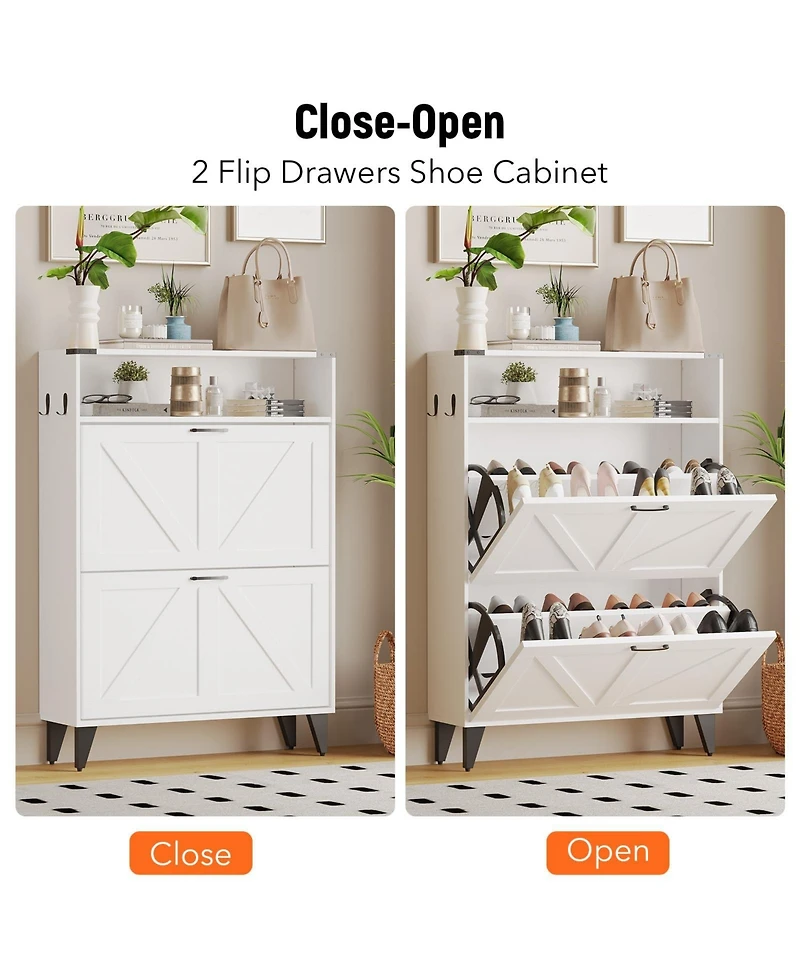 Homfan Shoe Storage Cabinet with 2 Flip Drawers, Freestanding Narrow Shoe Rack Cabinet with Open Shelf & Strong Metal Legs