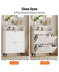 Homfan Shoe Storage Cabinet with 2 Flip Drawers, Freestanding Narrow Shoe Rack Cabinet with Open Shelf & Strong Metal Legs