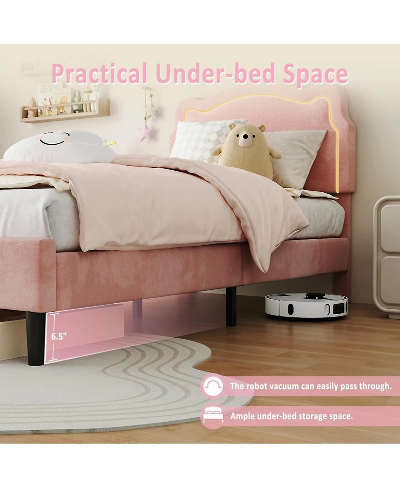 gaomon Bed Frame Pink Velvet Adjustable Bear Headboard Noise Free Rgb Led Lights No Box Spring