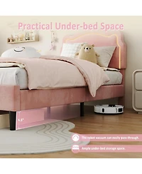 gaomon Bed Frame Pink Velvet Adjustable Bear Headboard Noise Free Rgb Led Lights No Box Spring