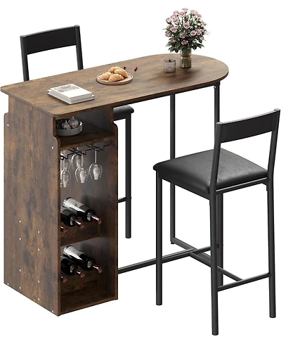 gaomon Bar Table and Chairs Set for 2, Vintage Pub Table w/Triple-Tier Wine Rack & Glass Holder, Velvet Seats for Small Spaces
