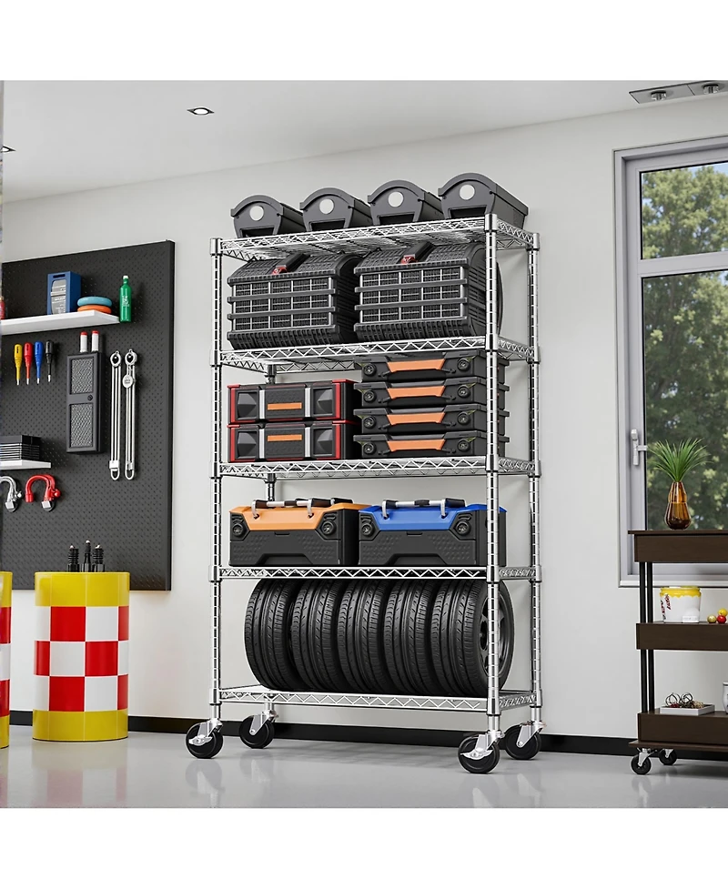 Rainsken 5-Tier Storage Shelves, Heavy Duty Metal Wire Shelving Unit, Adjustable Shelving Rack with Wheels for Basement, Warehouse, Chrome