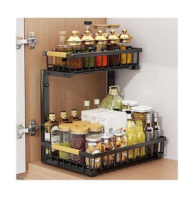 Gaomon Under Sink Organizer, Kitchen Organizers and Storage Basket, Slide Out 2 Tier Metal Shelf, Carbon Steel Pantry Cabinet Organizer