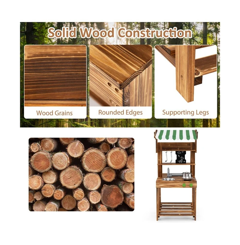 Hongge Double Sided Mud Kitchen with Canopy and Chalkboard for 3+ Years Old