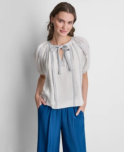 Dkny Women's Puff-Sleeve Top Stitch Tie Front Blouse