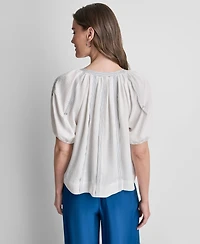 Dkny Women's Puff-Sleeve Top Stitch Tie Front Blouse