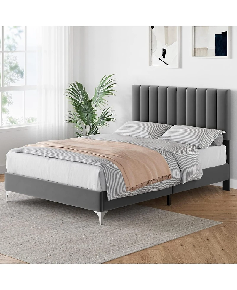 gaomon Full Bed Frame With Adjustable Velvet Headboard Upholstered Platform Wooden Slats No Box Spring Needed Easy Assembly