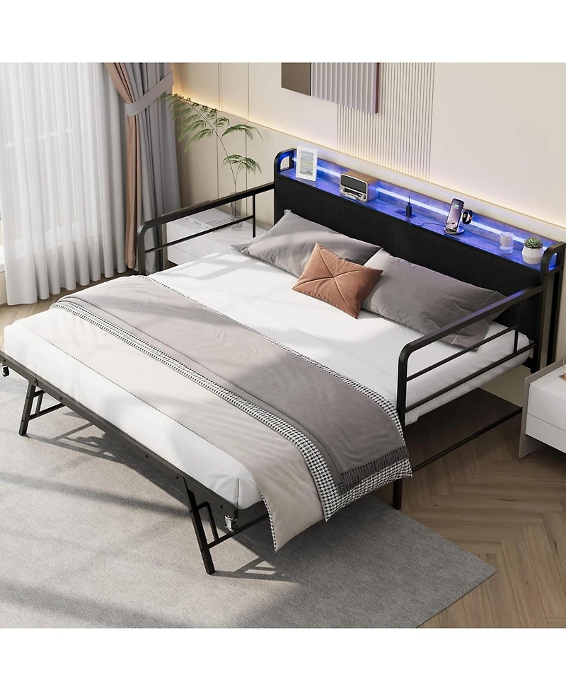 gaomon Daybed with Trundle Bed, Twin Bed Frame Corduroy Upholstered Storage Headboard & Charging Station and Led Light