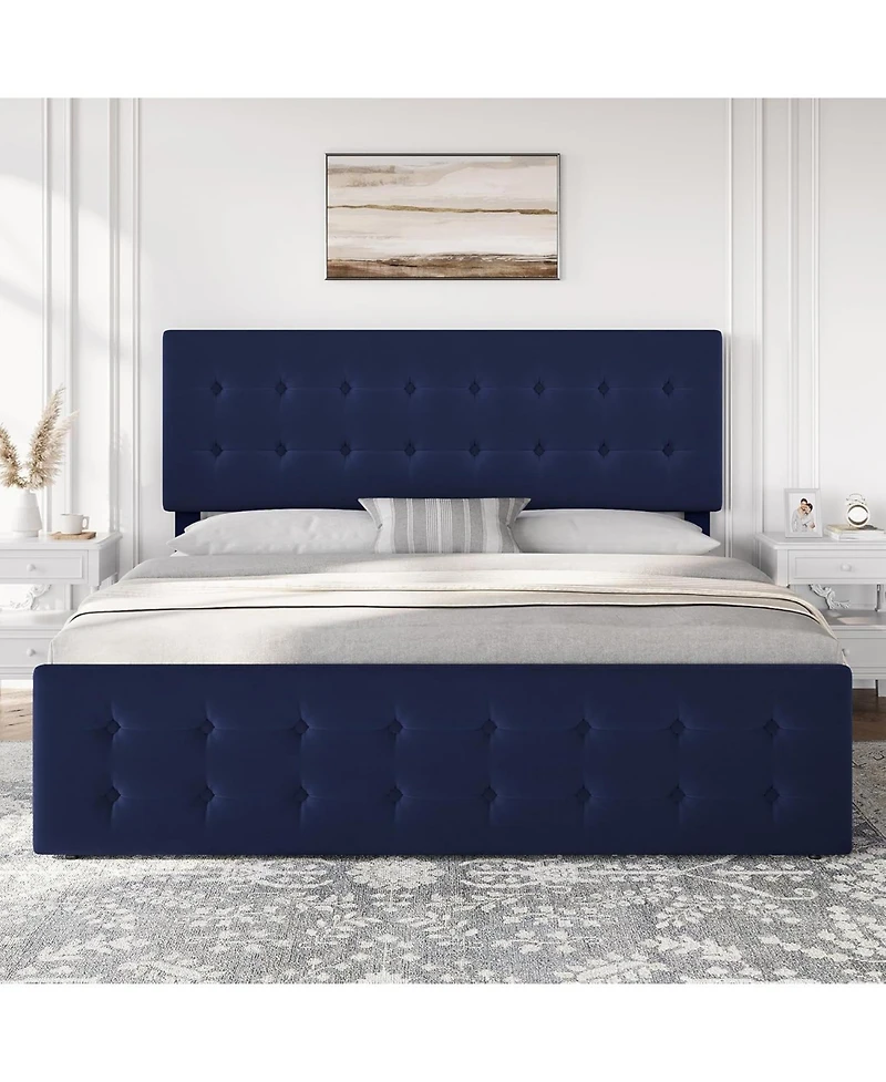 gaomon King Bed Frame With 4 Drawers Velvet Upholstered Headboard Button Design Wood Slats No Box Spring