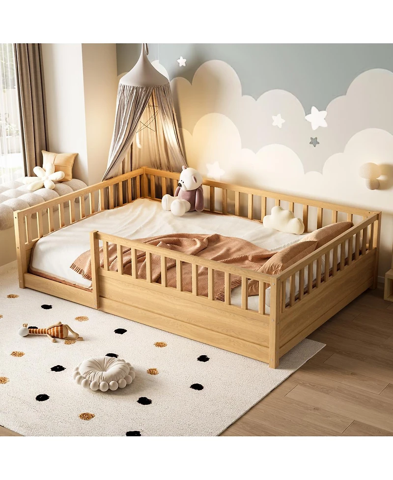 Streamdale Furniture Streamdale Full Size Floor Bed with Security Barrier and Door, Montessori Wooden Frame