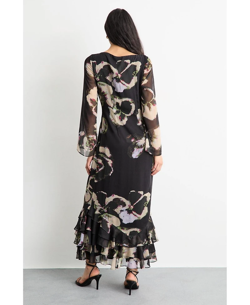 Warehouse Women's Printed Scoop Neck Ruffle Hem Midi Dress