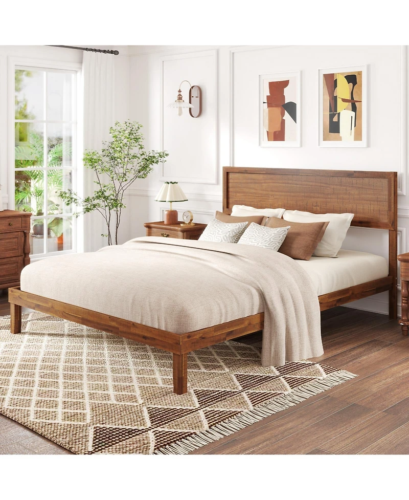 Sugift Platform Bed Frame with Headboard and Wooden Slat Support