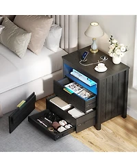 Vlsrka 24" Modern Led Nightstand with 3 Drawers and Charging Station
