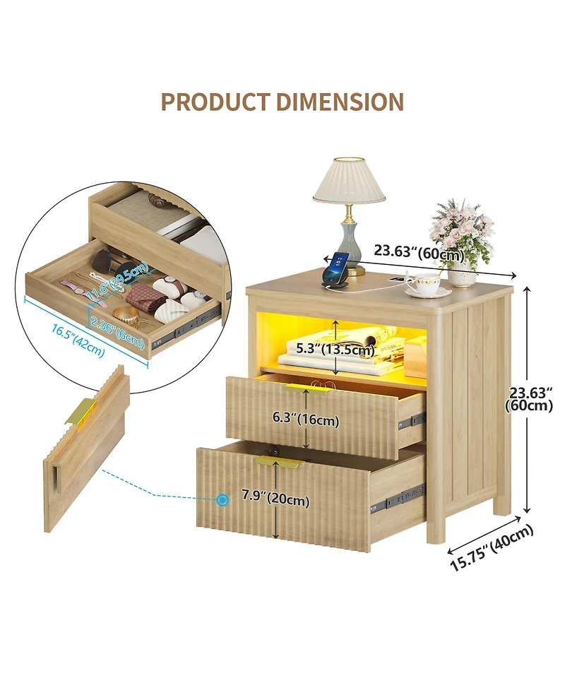 Vlsrka 24" Modern Led Nightstand with 3 Drawers and Charging Station