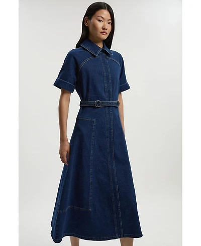 Karen Millen Women's Petite Stretch Denim Tab Belt Midi Dress