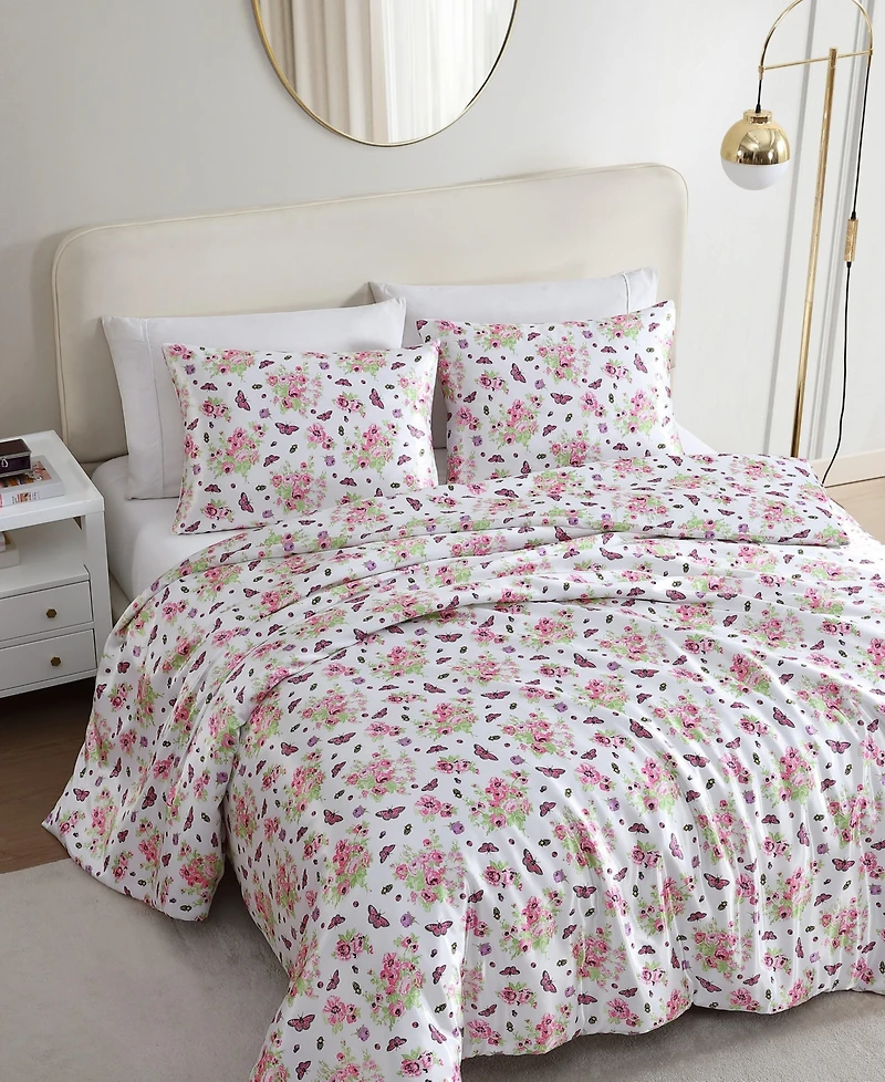 Betsey Johnson Queen Bee Floral Bouquet Satin -Pc. Duvet Cover Set
