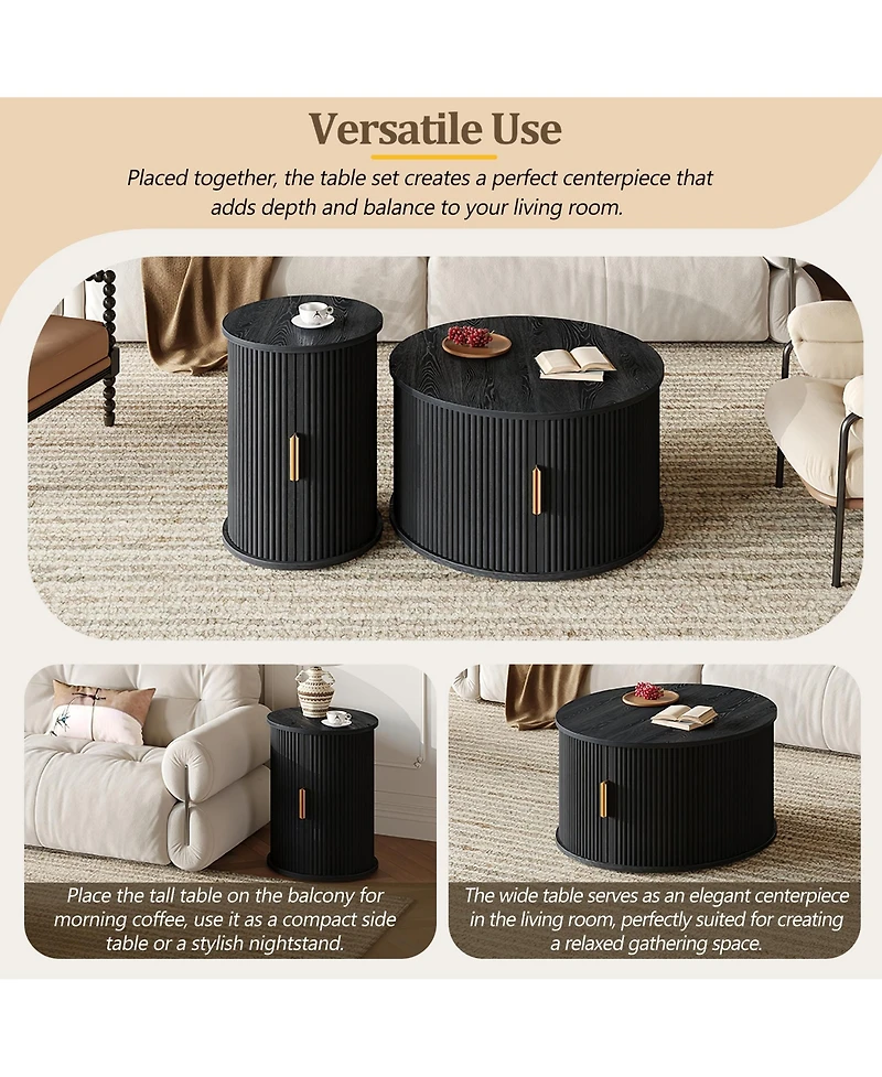 Rainsken Mid-Century Coffee Table Set, Round Fluted End Table With Storage, Golden Handle and Sliding Tambour Door, Side Table for Living Room