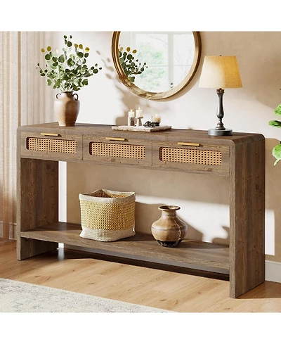 Tribesigns Entryway Table with 3 Rattan Drawers, Narrow Console Sofa Table with 2-Tier Open Storage Shelf