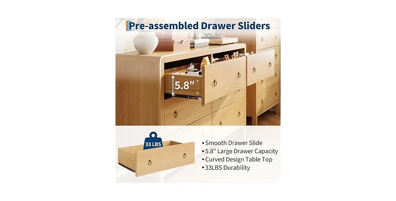 gaomon Wide 6 Drawer Dresser for Bedroom, Wooden Chest of Drawers with Large Storage & Metal Handles