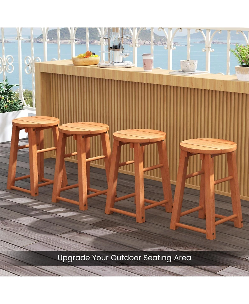 Gymax Outdoor Wood Bar Stools Set of 4 w/Round Seat Footrest Patio Backless Barstools