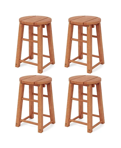 Gymax Outdoor Wood Bar Stools Set of 4 w/Round Seat Footrest Patio Backless Barstools